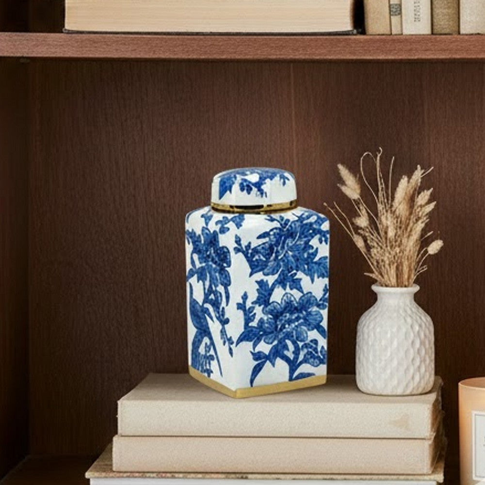 Maxon Lidded Jar | Bird-Floral Motifs | Golden Rim Blue-White Porcelain 11"