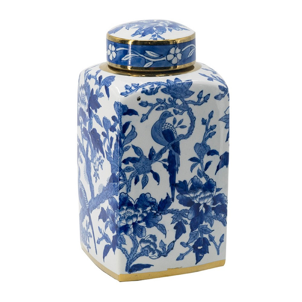 Maxon Lidded Jar | Bird-Floral Motifs | Golden Rim Blue-White Porcelain 13"