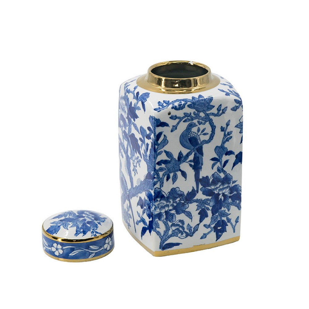 Maxon Lidded Jar | Bird-Floral Motifs | Golden Rim Blue-White Porcelain 13"