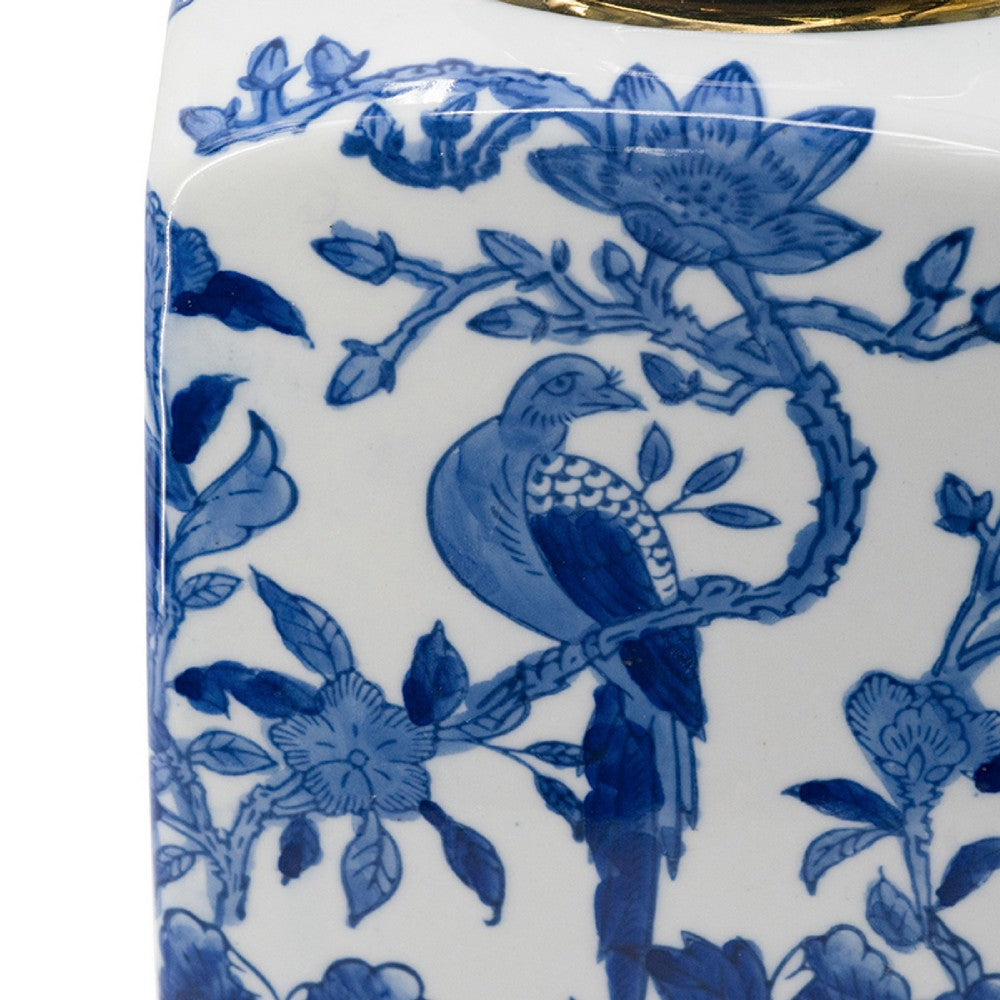 Maxon Lidded Jar | Bird-Floral Motifs | Golden Rim Blue-White Porcelain 13"