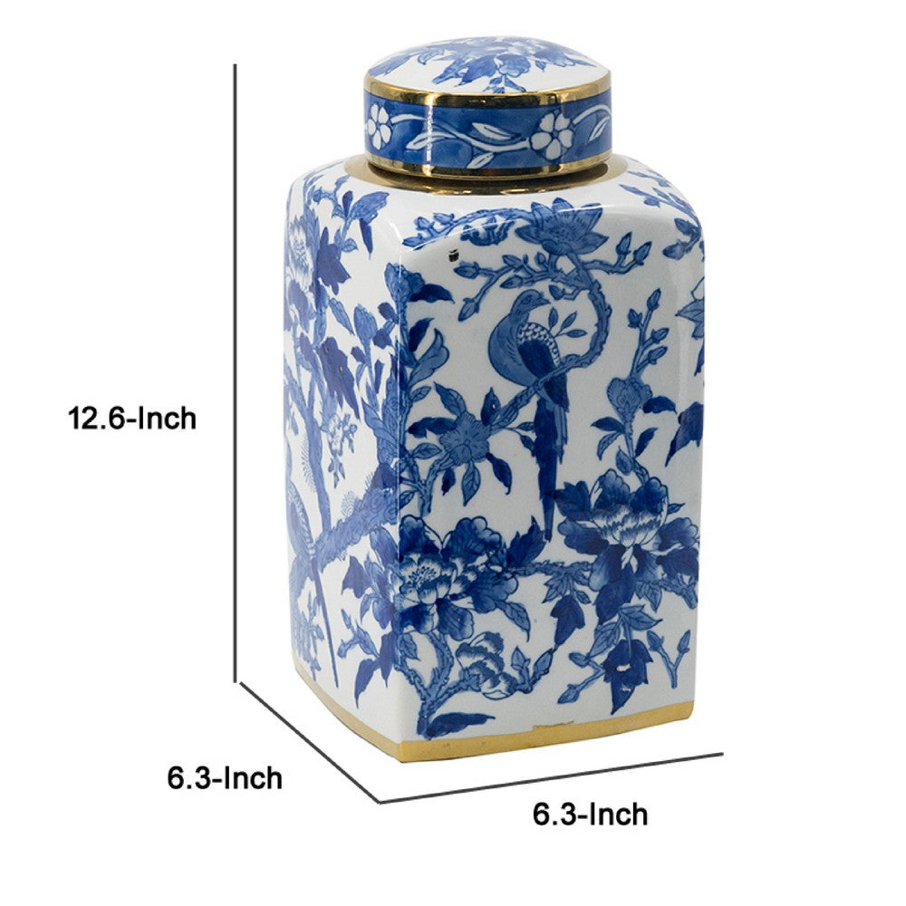 Maxon Lidded Jar | Bird-Floral Motifs | Golden Rim Blue-White Porcelain 13"