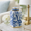 Maxon Lidded Jar | Bird-Floral Motifs | Golden Rim Blue-White Porcelain 13"