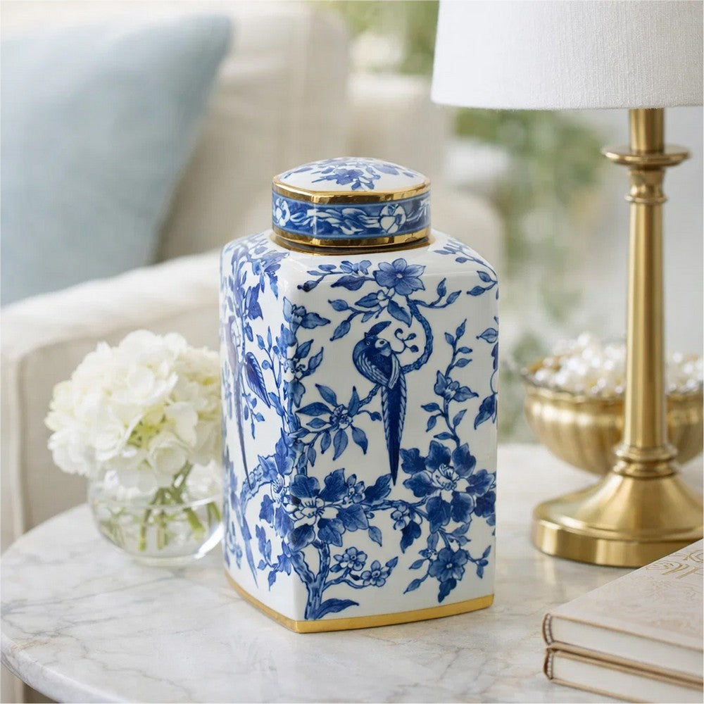 Maxon Lidded Jar | Bird-Floral Motifs | Golden Rim Blue-White Porcelain 13"