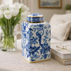 Maxon Lidded Jar | Bird-Floral Motifs | Golden Rim Blue-White Porcelain 13"