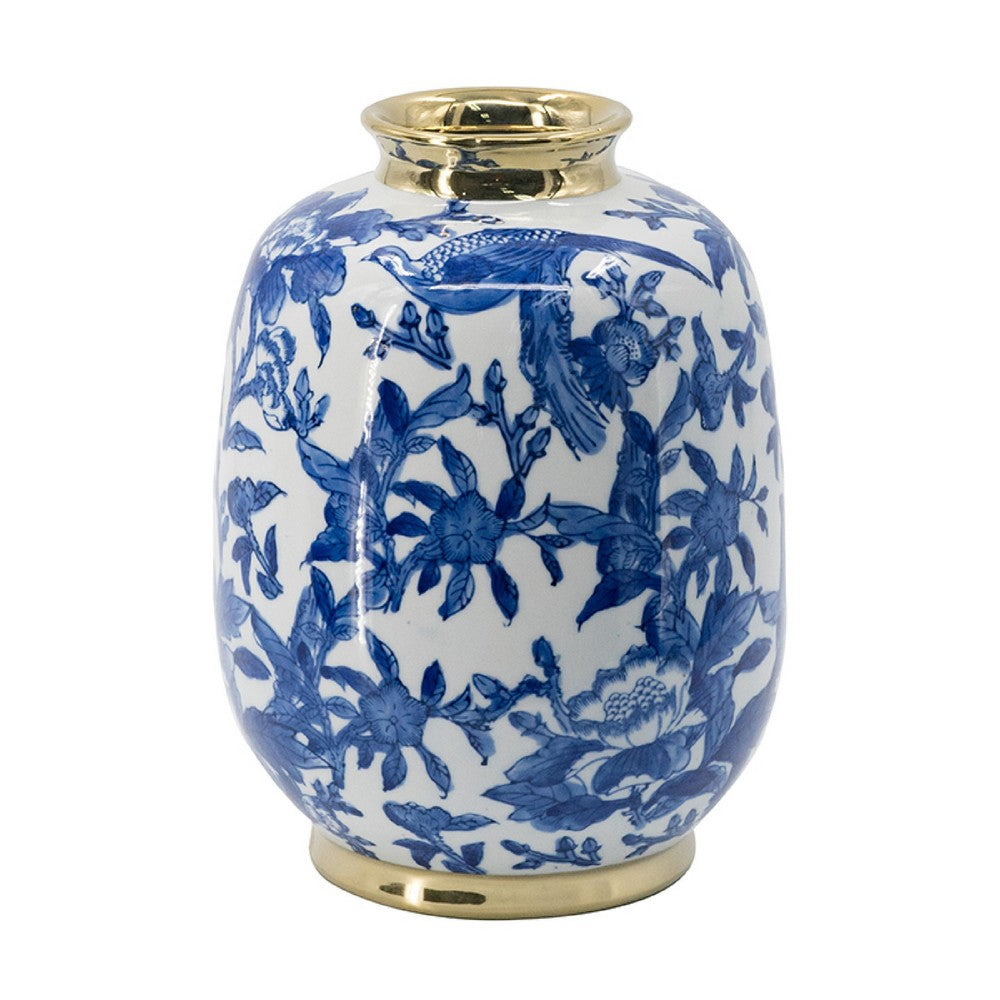 Wyatt Accent Vase | Floral Pattern Gold Rim White-Blue Porcelain 11"