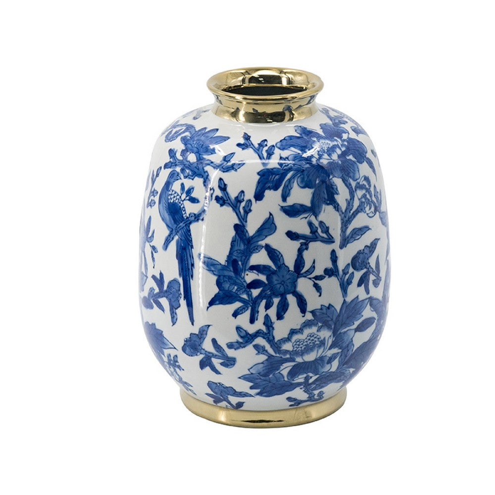 Wyatt Accent Vase | Floral Pattern Gold Rim White-Blue Porcelain 11"