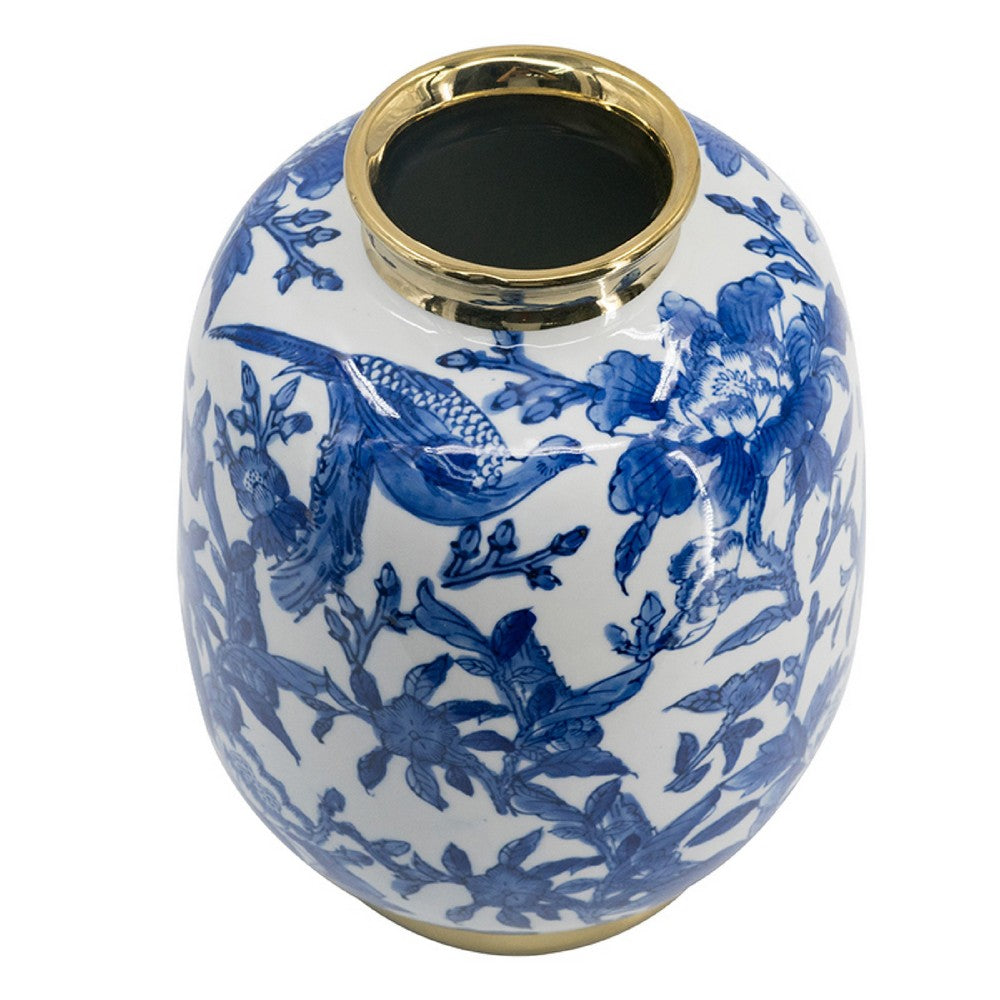 Wyatt Accent Vase | Floral Pattern Gold Rim White-Blue Porcelain 11"