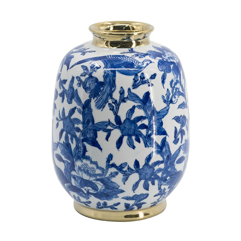 Wyatt Accent Vase | Floral Pattern Gold Rim White-Blue Porcelain 11"