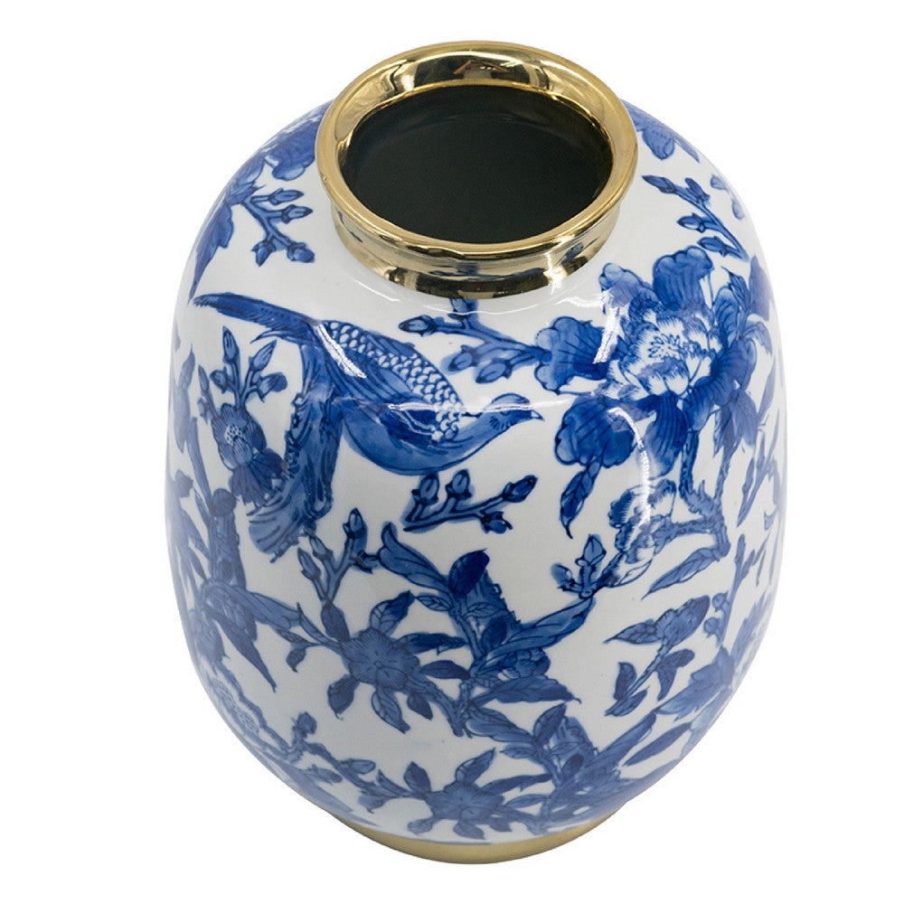 Wyatt Accent Vase | Floral Pattern Gold Rim White-Blue Porcelain 11"