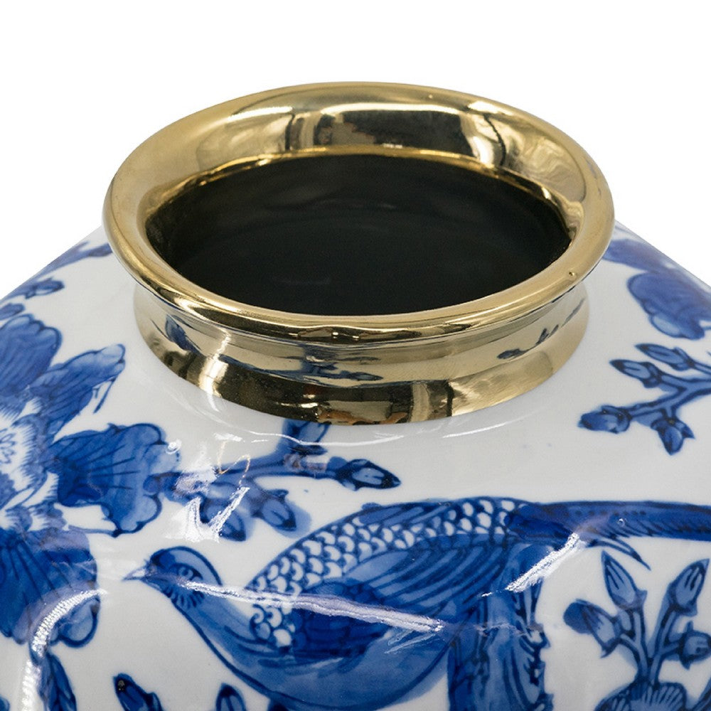 Wyatt Accent Vase | Floral Pattern Gold Rim White-Blue Porcelain 11"