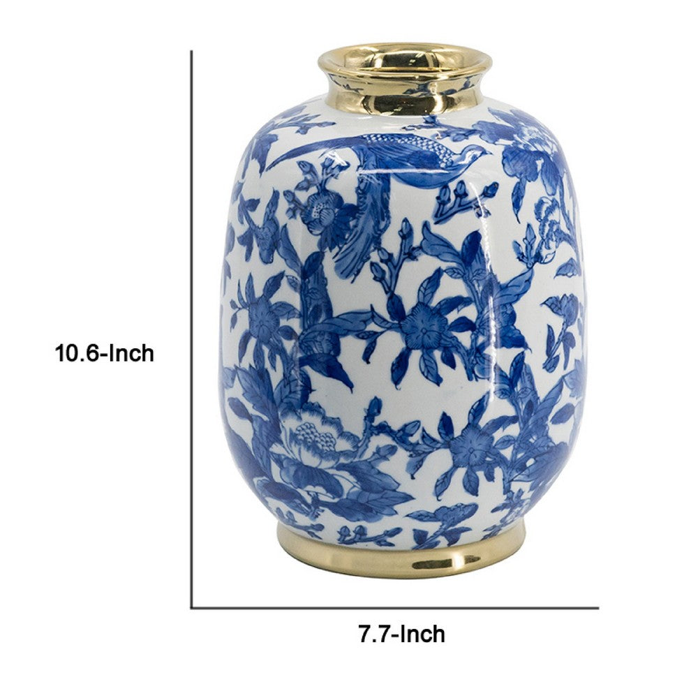 Wyatt Accent Vase | Floral Pattern Gold Rim White-Blue Porcelain 11"