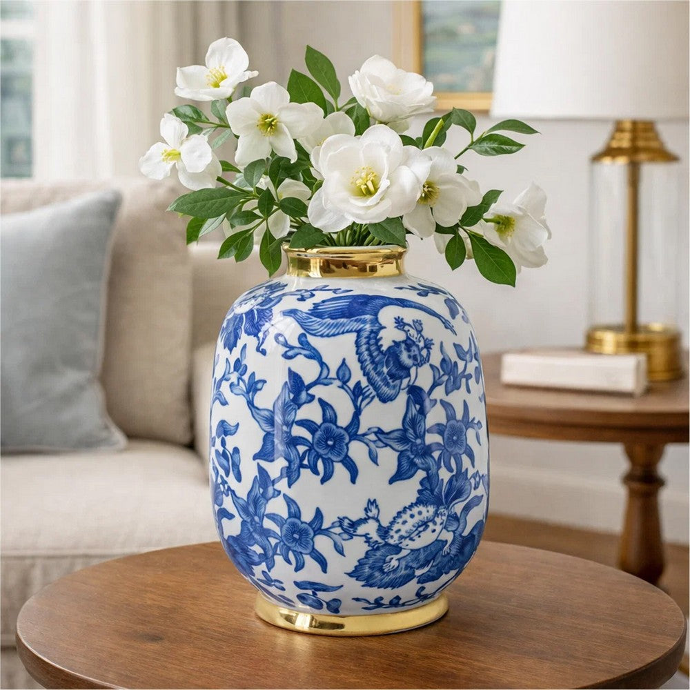 Wyatt Accent Vase | Floral Pattern Gold Rim White-Blue Porcelain 11"