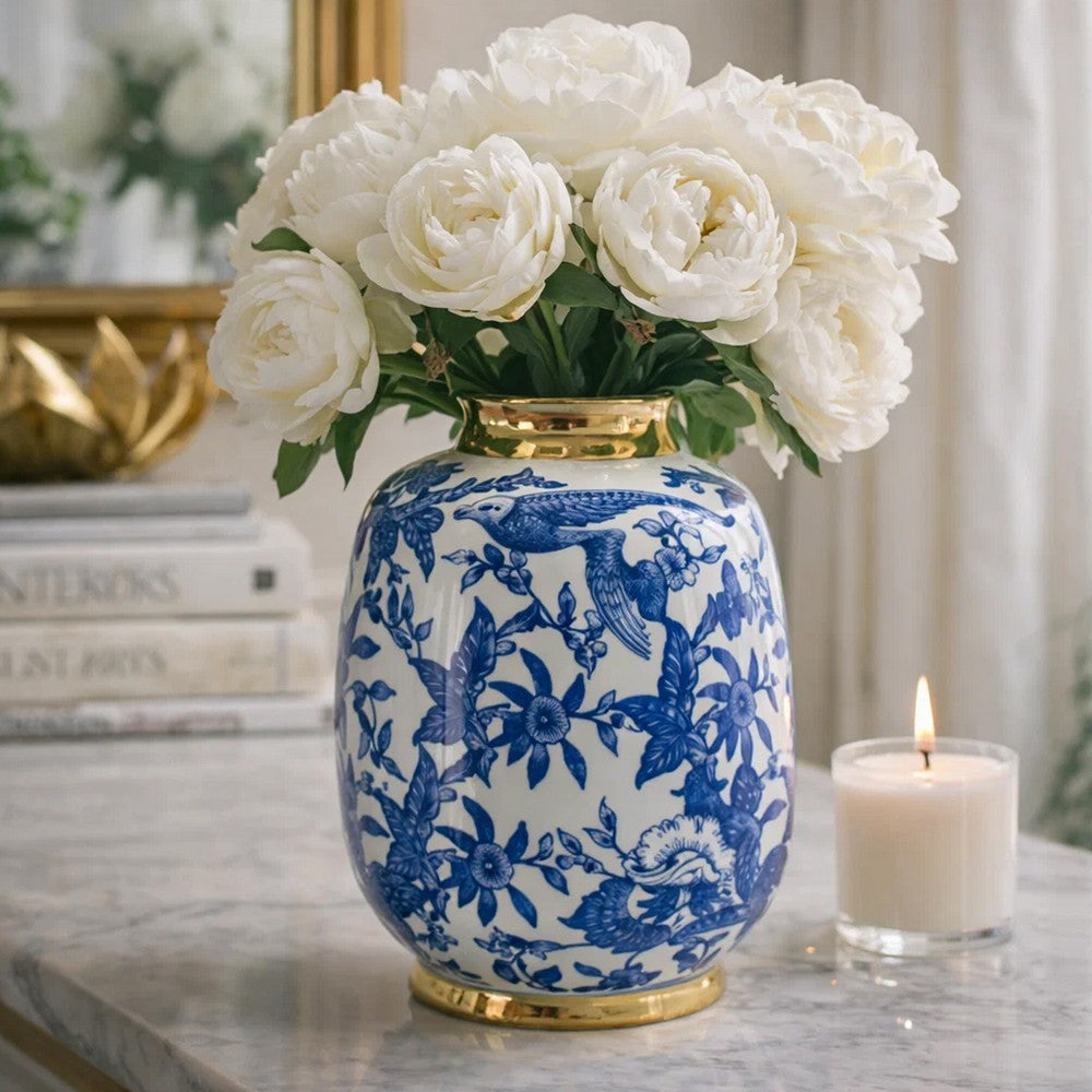 Wyatt Accent Vase | Floral Pattern Gold Rim White-Blue Porcelain 11"