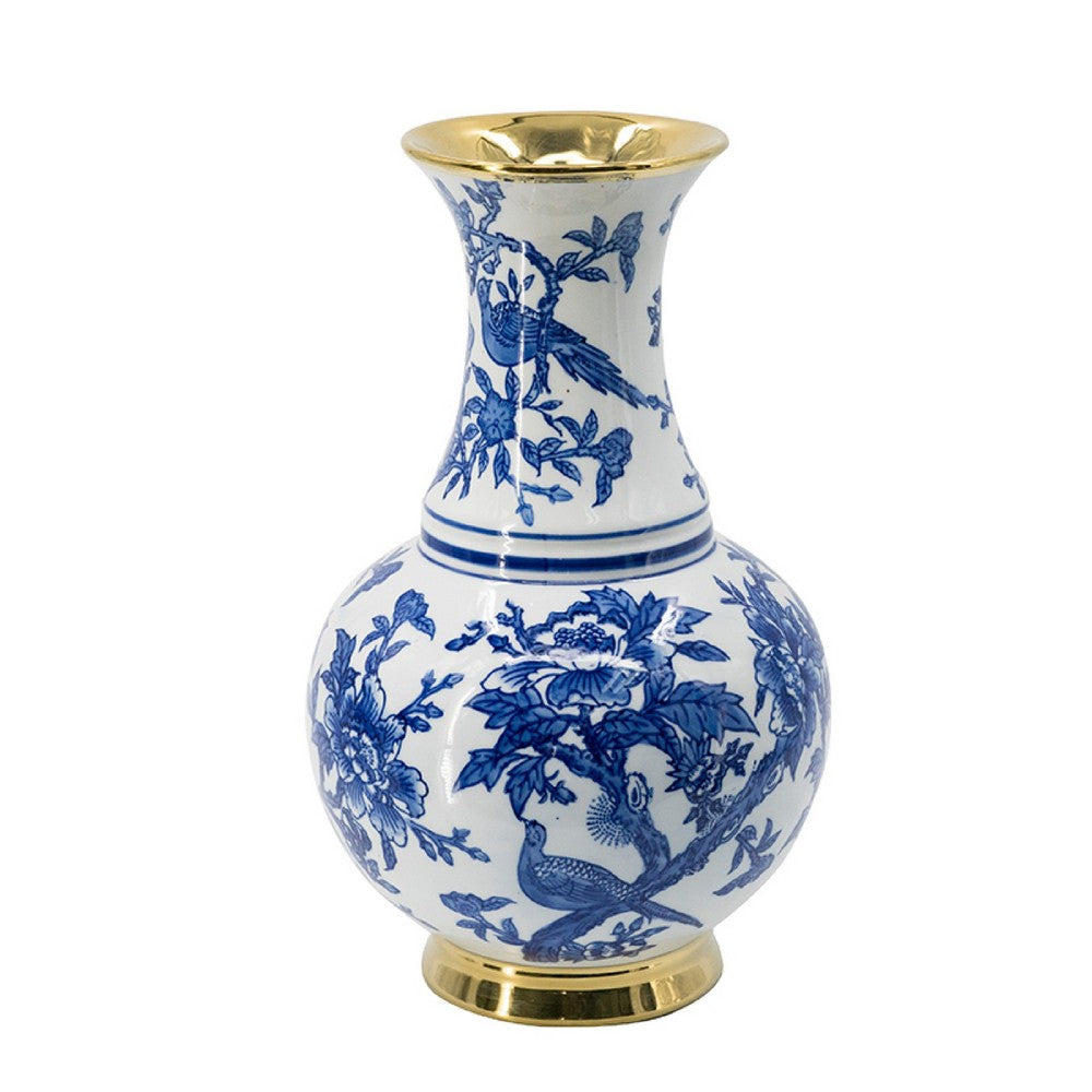 Wyatt Flower Vase | Floral Pattern Gold Rim White-Blue Porcelain 16"