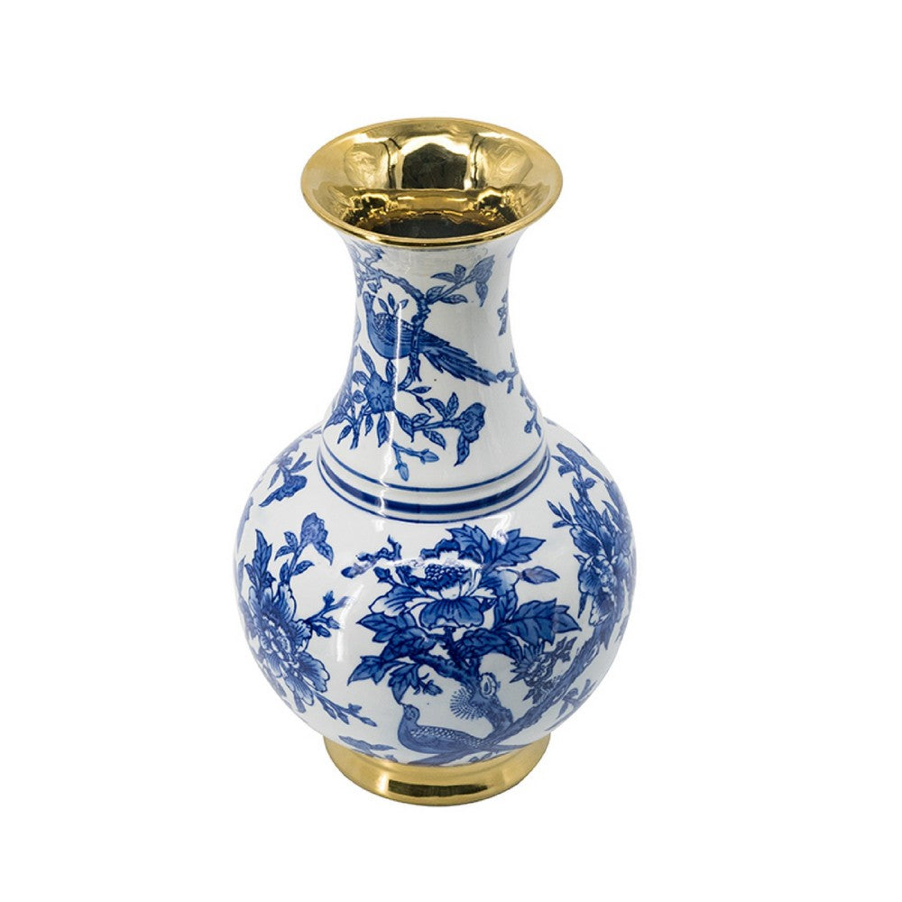Wyatt Flower Vase | Floral Pattern Gold Rim White-Blue Porcelain 16"