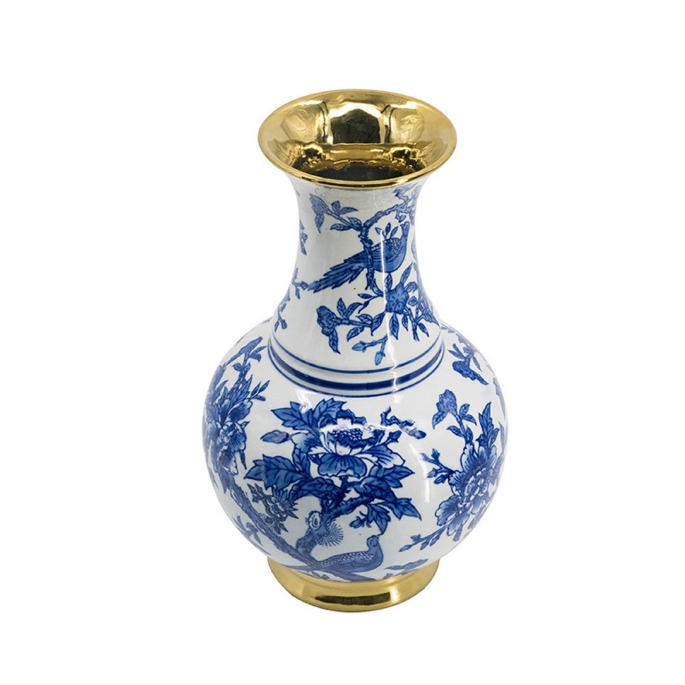 Wyatt Flower Vase | Floral Pattern Gold Rim White-Blue Porcelain 16"