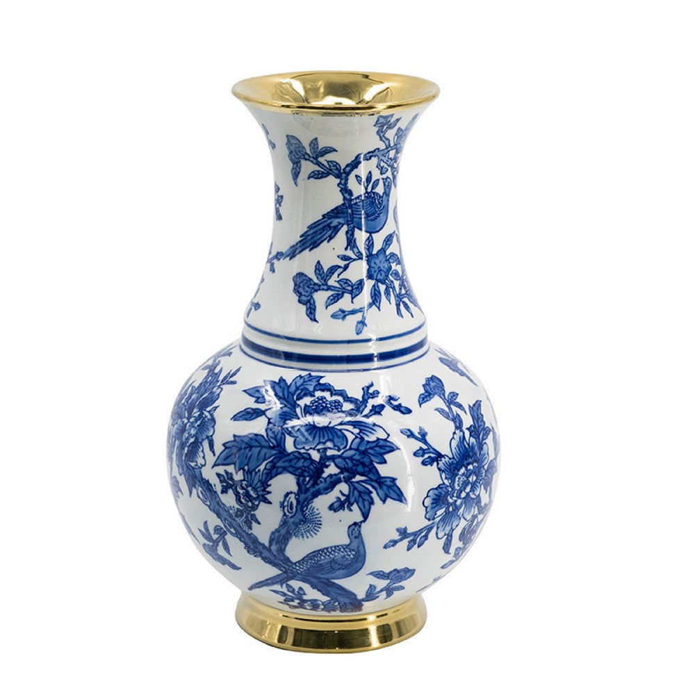 Wyatt Flower Vase | Floral Pattern Gold Rim White-Blue Porcelain 16"