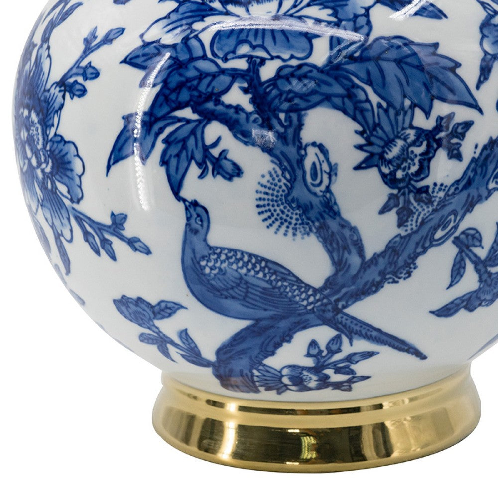 Wyatt Flower Vase | Floral Pattern Gold Rim White-Blue Porcelain 16"