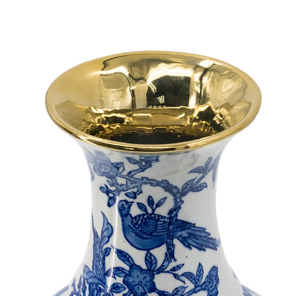 Wyatt Flower Vase | Floral Pattern Gold Rim White-Blue Porcelain 16"