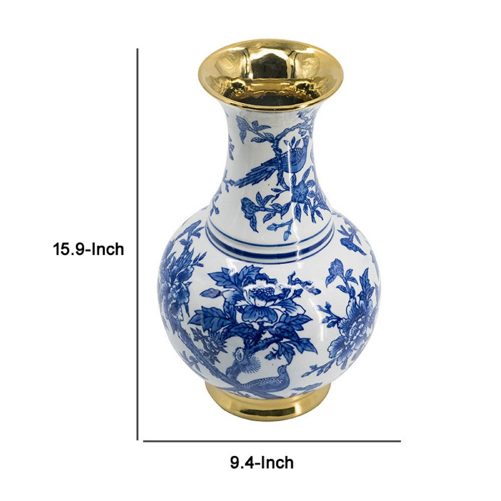 Wyatt Flower Vase | Floral Pattern Gold Rim White-Blue Porcelain 16"