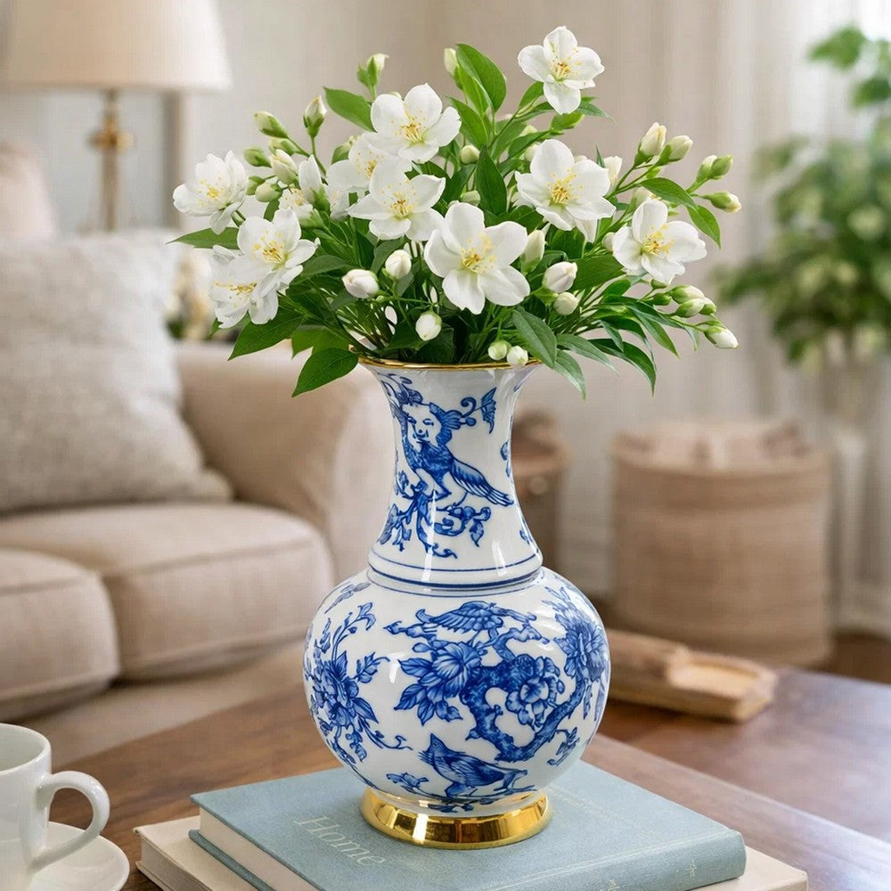 Wyatt Flower Vase | Floral Pattern Gold Rim White-Blue Porcelain 16"