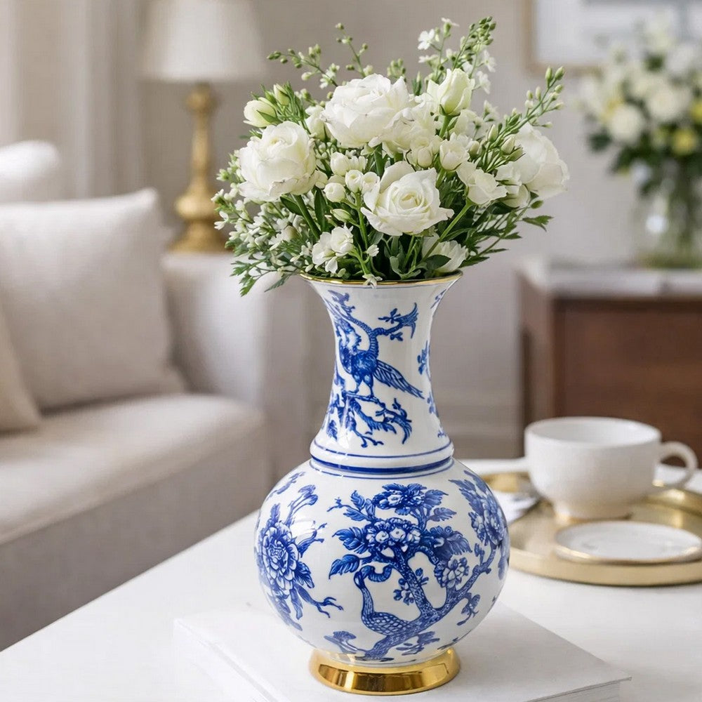 Wyatt Flower Vase | Floral Pattern Gold Rim White-Blue Porcelain 16"