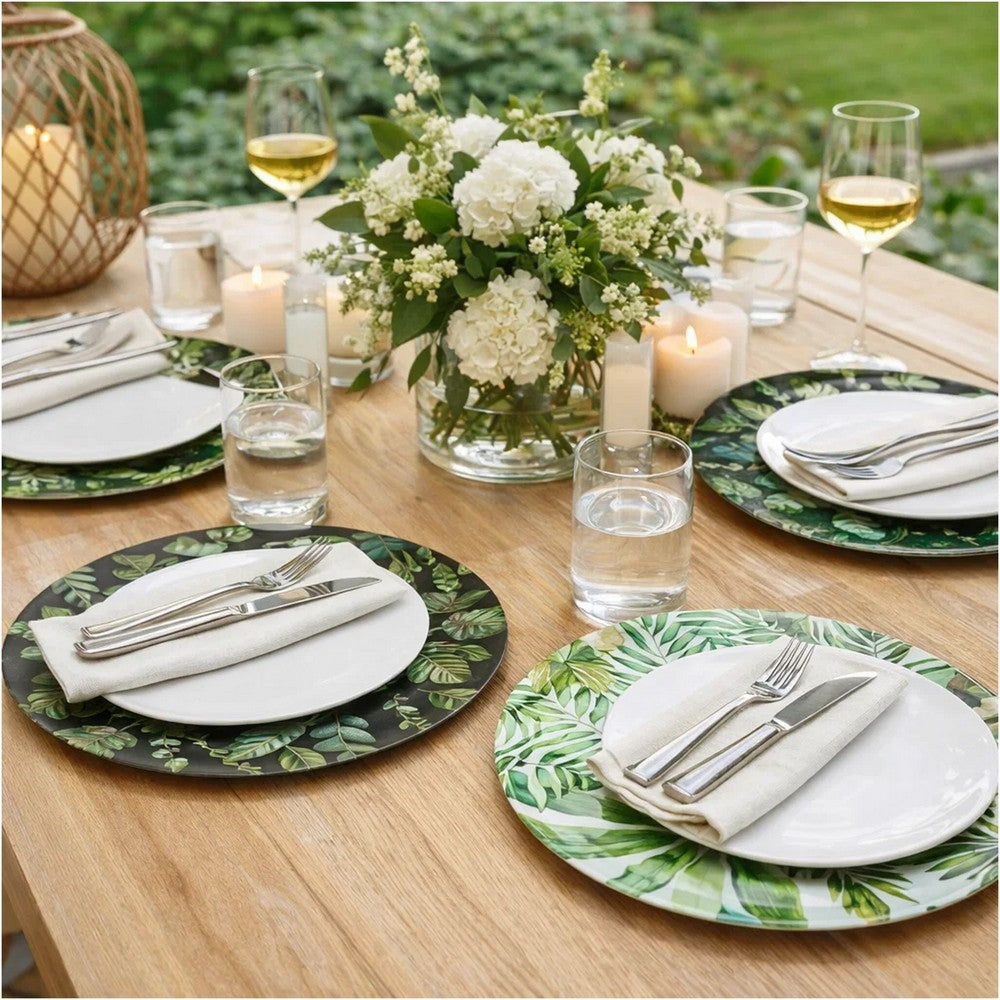 Linda Charger Plates Set of 4 | Foliage Motifs | Green-Black 13"