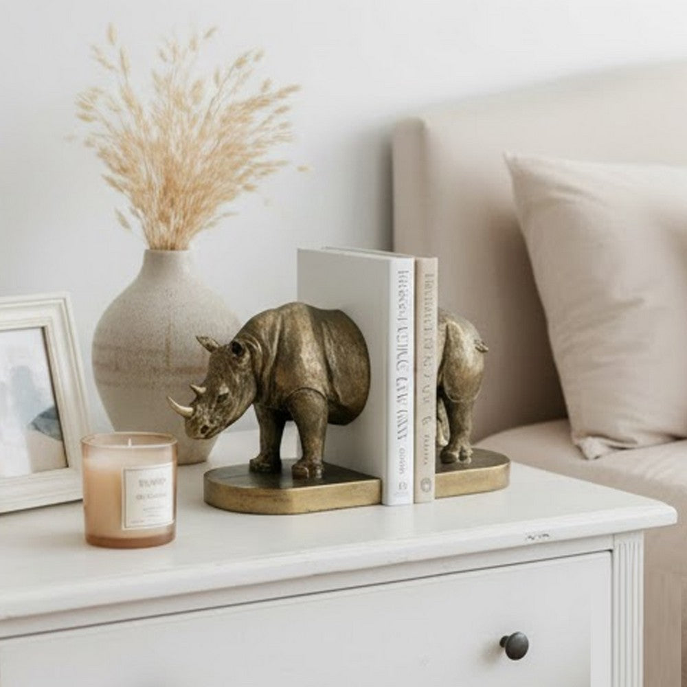 Sofia Decorative Rhino Bookend 2 Piece | Lifelike Bronze Polyresin 11"