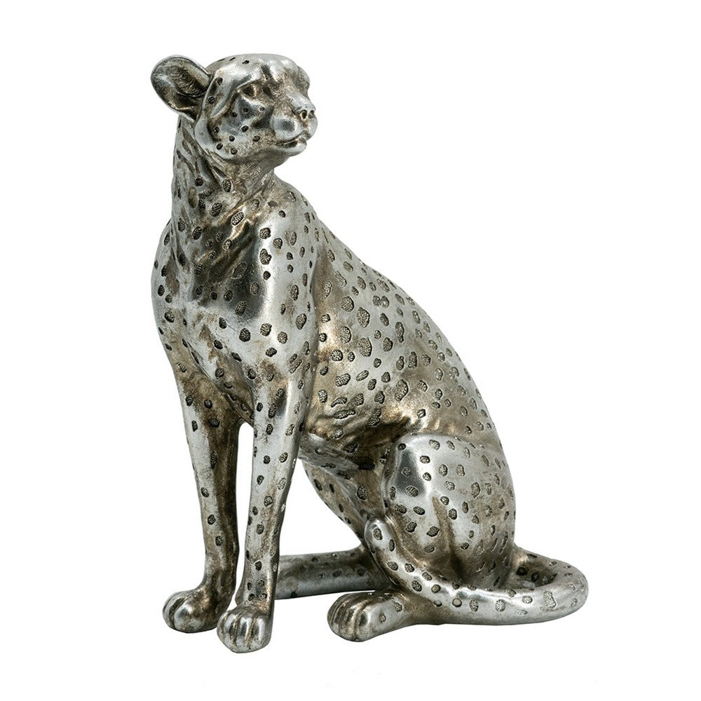 Wendy Sitting Leopard Figurine | Stone Powder-Resin | Metallic Silver 9"