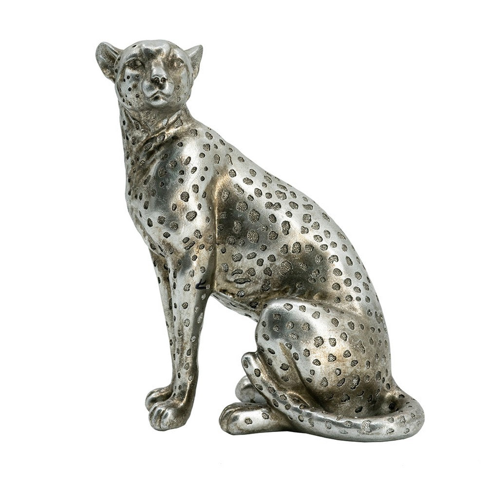 Wendy Sitting Leopard Figurine | Stone Powder-Resin | Metallic Silver 9"