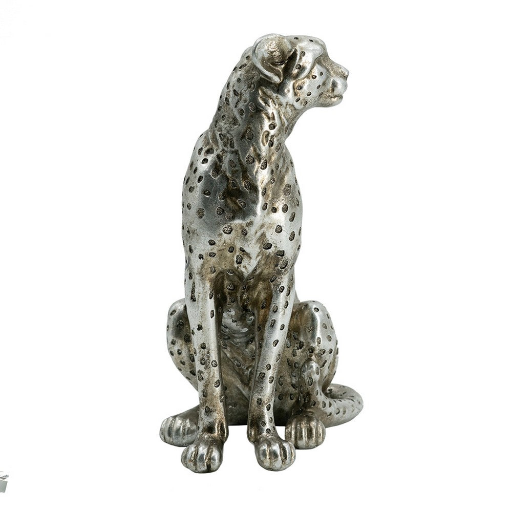 Wendy Sitting Leopard Figurine | Stone Powder-Resin | Metallic Silver 9"