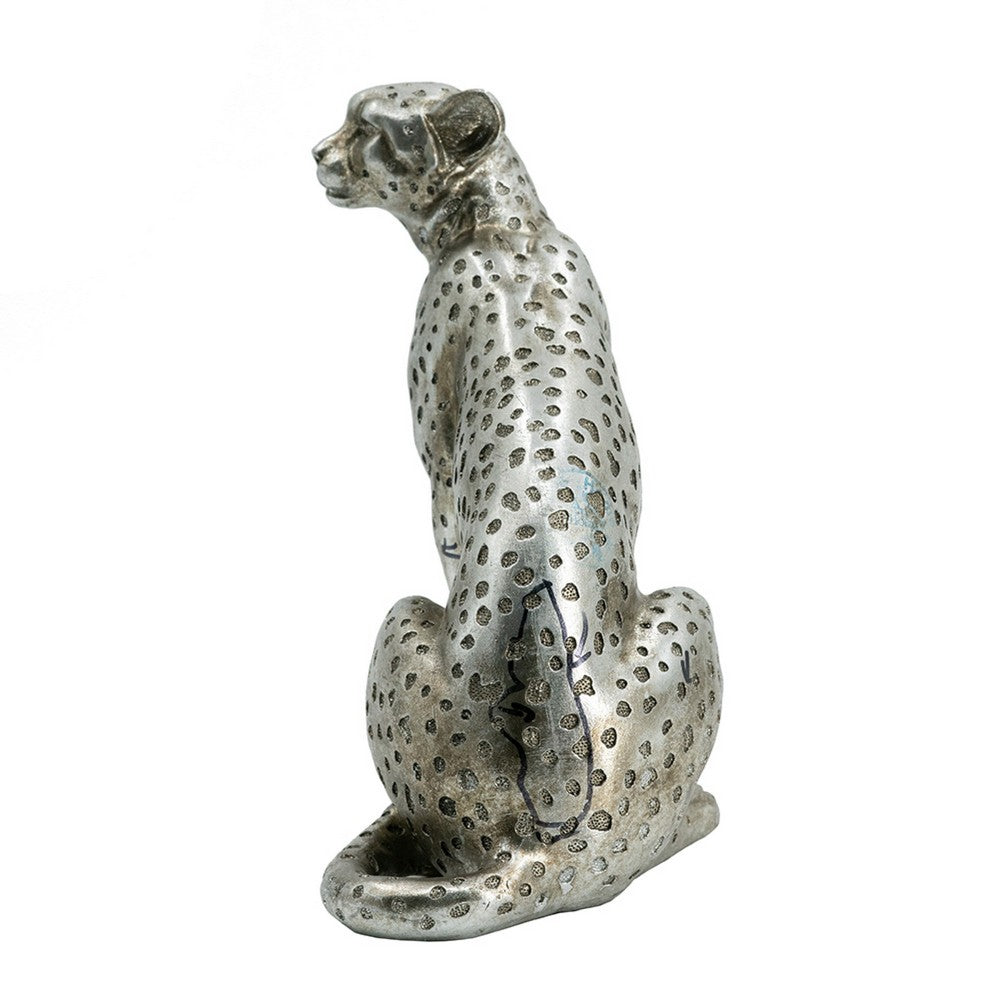 Wendy Sitting Leopard Figurine | Stone Powder-Resin | Metallic Silver 9"