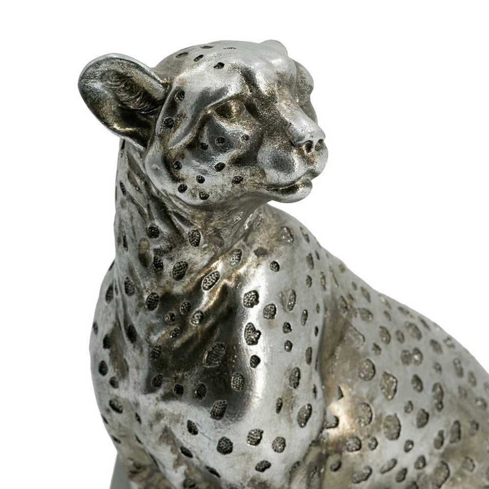 Wendy Sitting Leopard Figurine | Stone Powder-Resin | Metallic Silver 9"