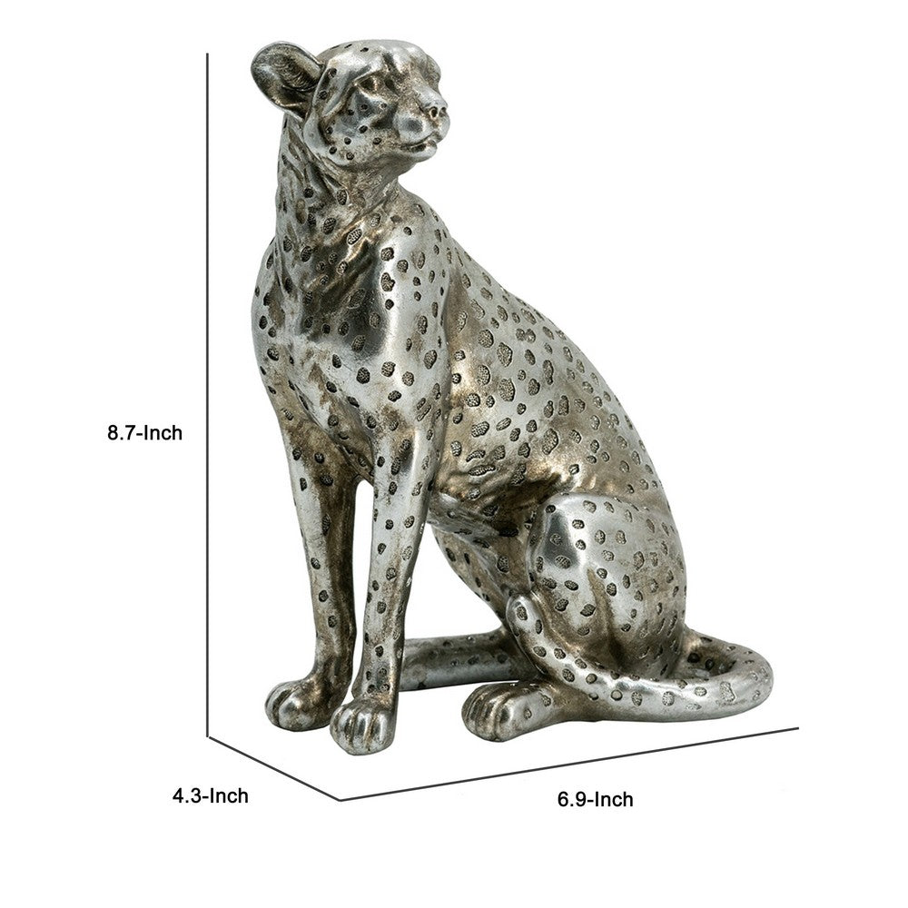 Wendy Sitting Leopard Figurine | Stone Powder-Resin | Metallic Silver 9"