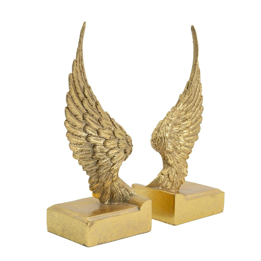 Paula 2pc Wing Bookends | Carved Feather Details | Gold Resin-Stone 9"