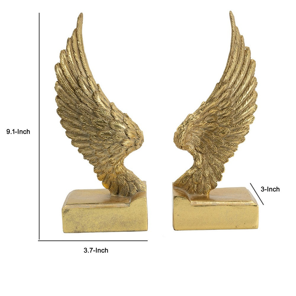 Paula 2pc Wing Bookends | Carved Feather Details | Gold Resin-Stone 9"