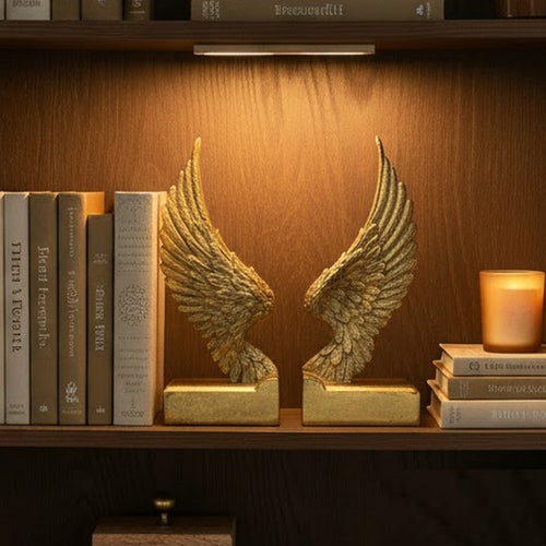 Paula 2pc Wing Bookends | Carved Feather Details | Gold Resin-Stone 9"