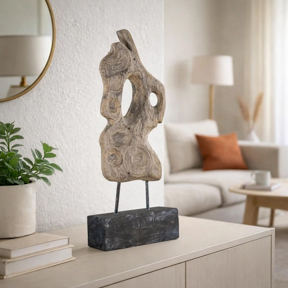 Poppy Abstract Table Accent | Carved Details | Brown Paulownia Wood 31"