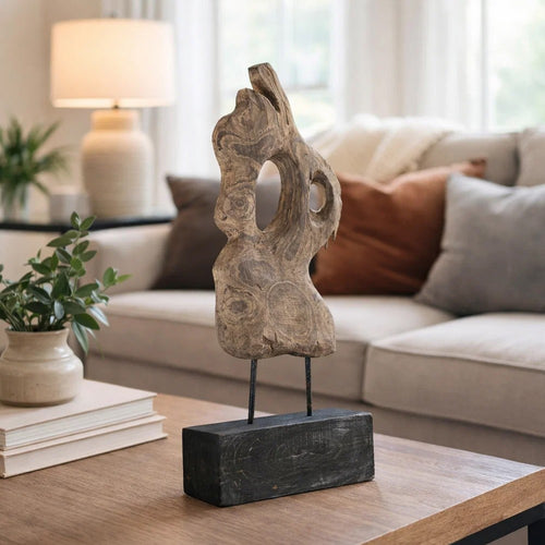 Poppy Abstract Table Accent | Carved Details | Brown Paulownia Wood 31"