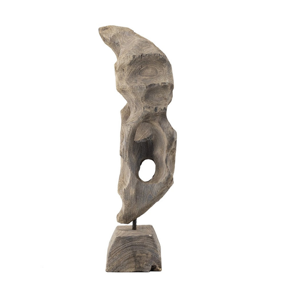Naomi Sculptural Décor | Iron Rod | Carved Brown Paulownia Wood 26"