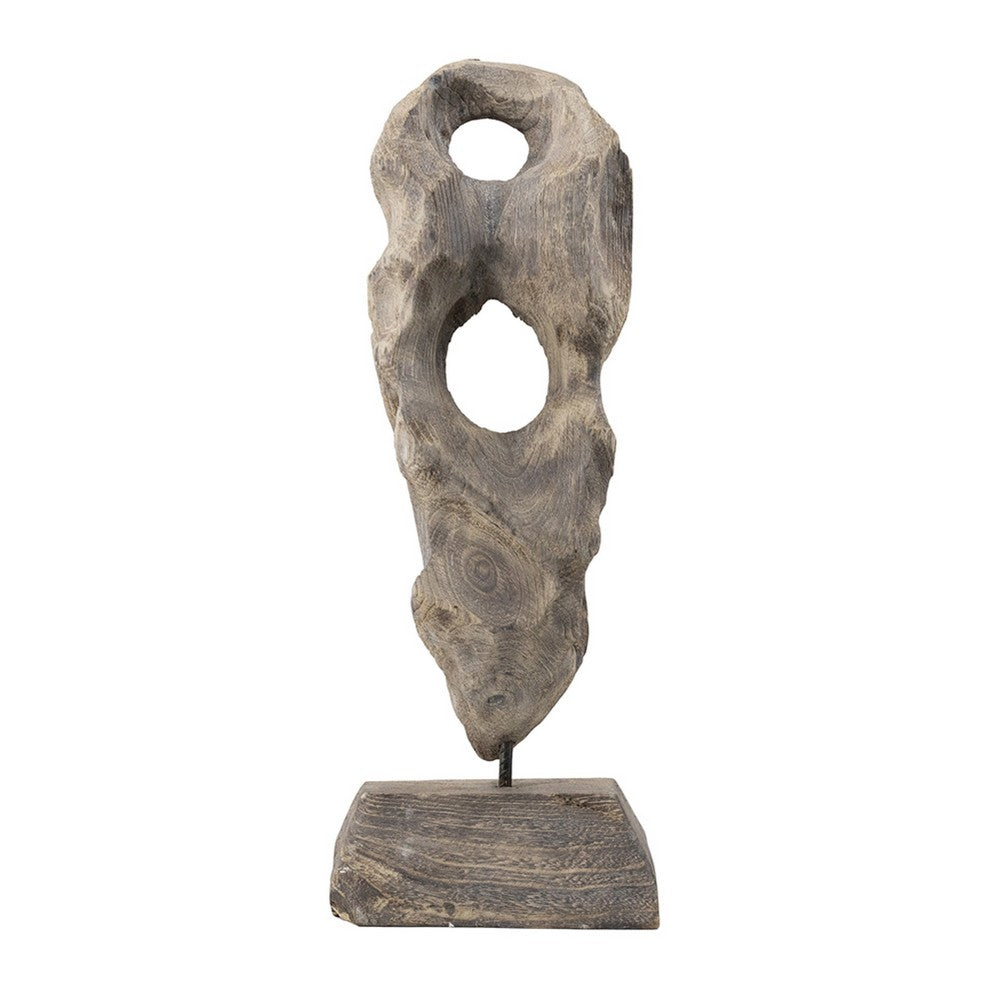 Naomi Sculptural Décor | Iron Rod | Carved Brown Paulownia Wood 26"