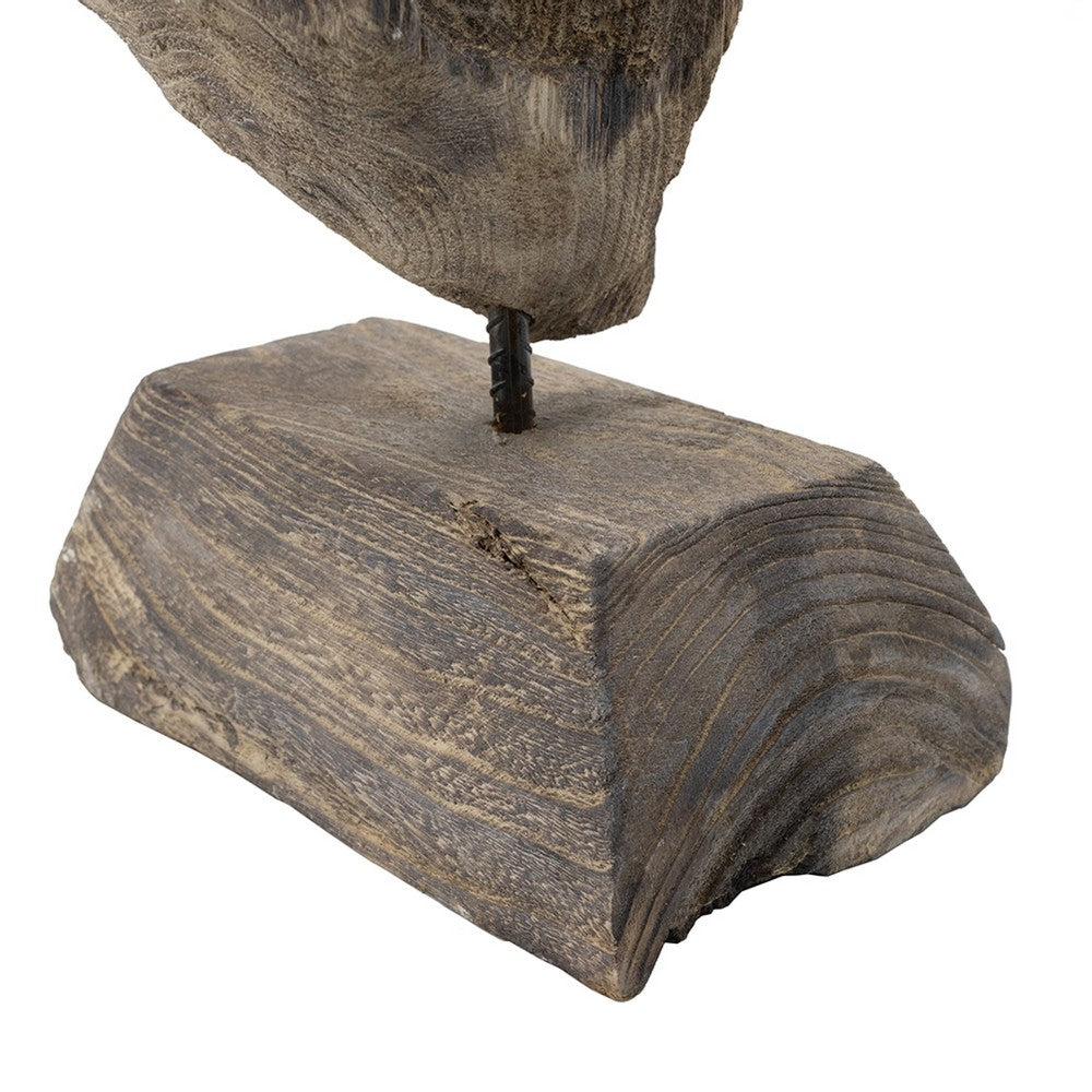 Naomi Sculptural Décor | Iron Rod | Carved Brown Paulownia Wood 26"