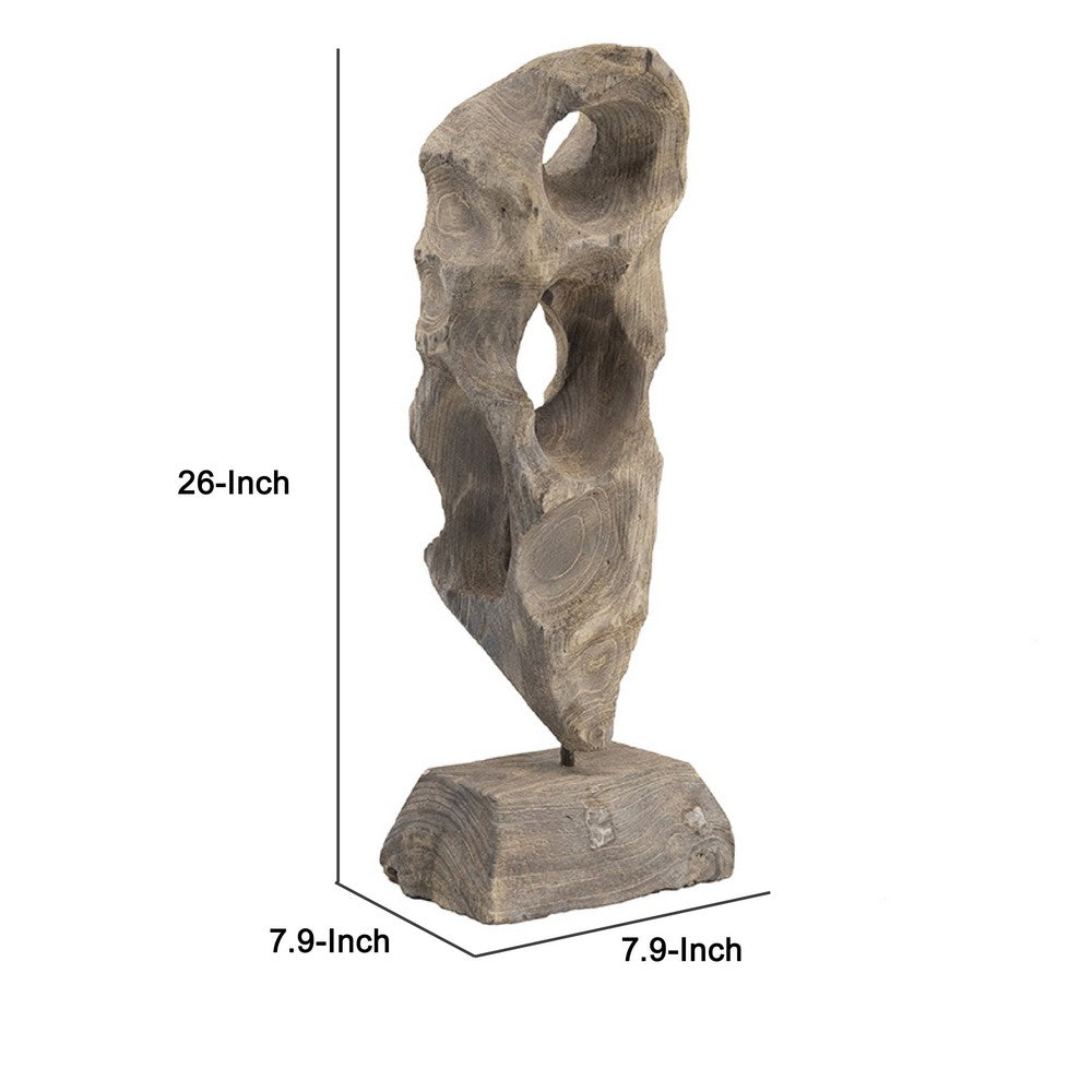Naomi Sculptural Décor | Iron Rod | Carved Brown Paulownia Wood 26"