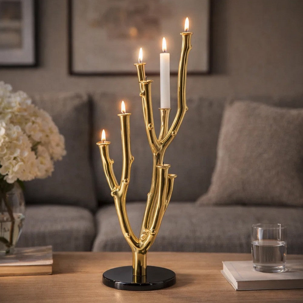 Lydia Multi-Taper Candle Holder | Branching-Stem Design | 38" Gold Metal