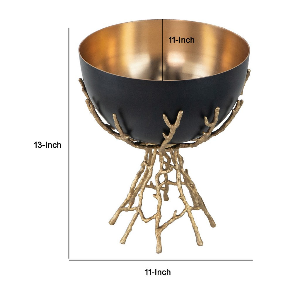 Elsie Decorative Bowl | Gold Twig Branch-Style Base | Black Aluminum 13"