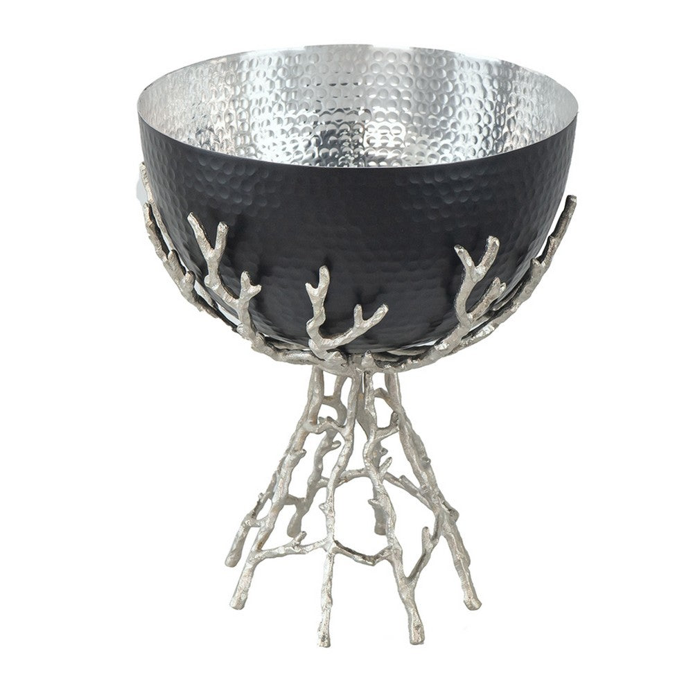 Elsie Hammered Decorative Bowl | Nickel Twig Base | Black Aluminum 14"