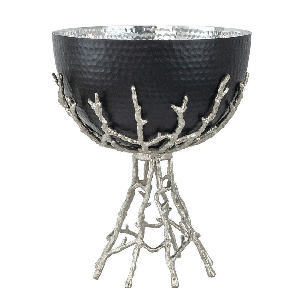 Elsie Hammered Decorative Bowl | Nickel Twig Base | Black Aluminum 14"