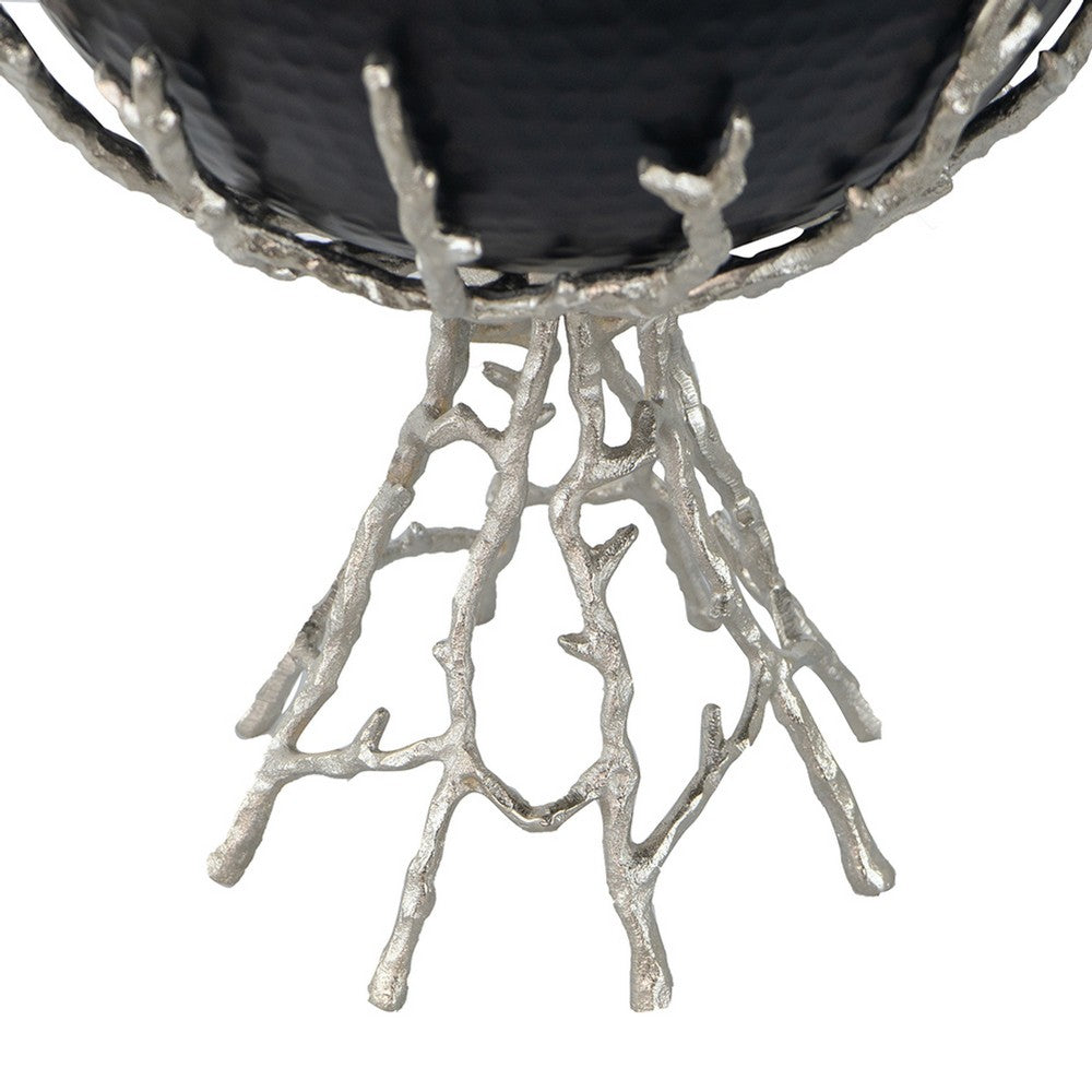 Elsie Hammered Decorative Bowl | Nickel Twig Base | Black Aluminum 14"