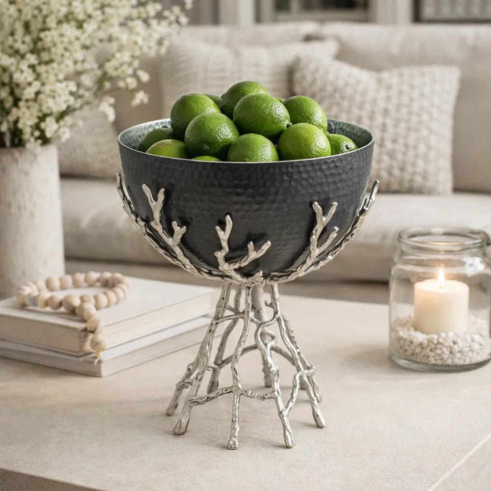 Elsie Hammered Decorative Bowl | Nickel Twig Base | Black Aluminum 14"