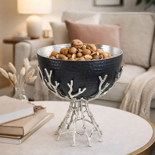 Elsie Hammered Decorative Bowl | Nickel Twig Base | Black Aluminum 14"